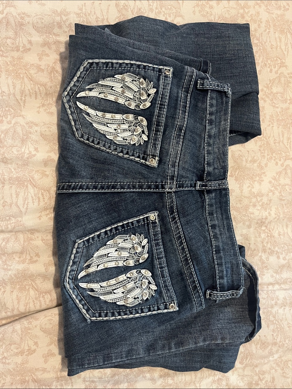 Warehouse Dark Wash Boot Cut Jeans with Embellished Back Pockets